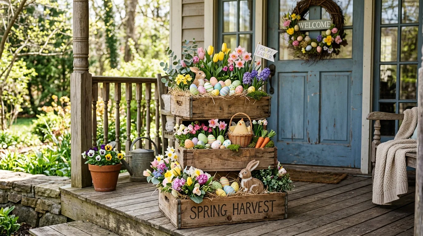 Wooden crates styled with Easter eggs and flowers